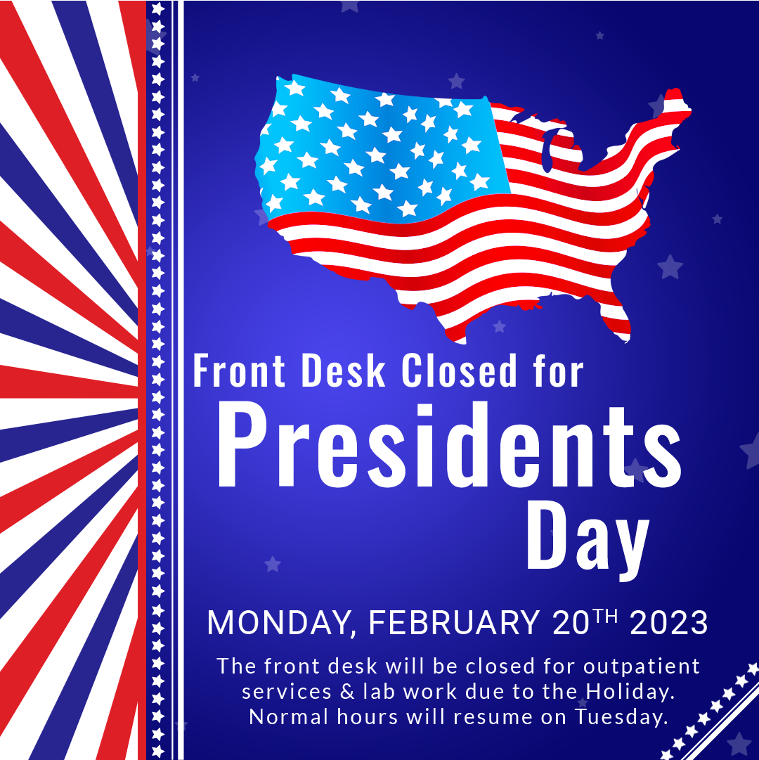 Patriotic image announcing the reception desk is closed for President's day