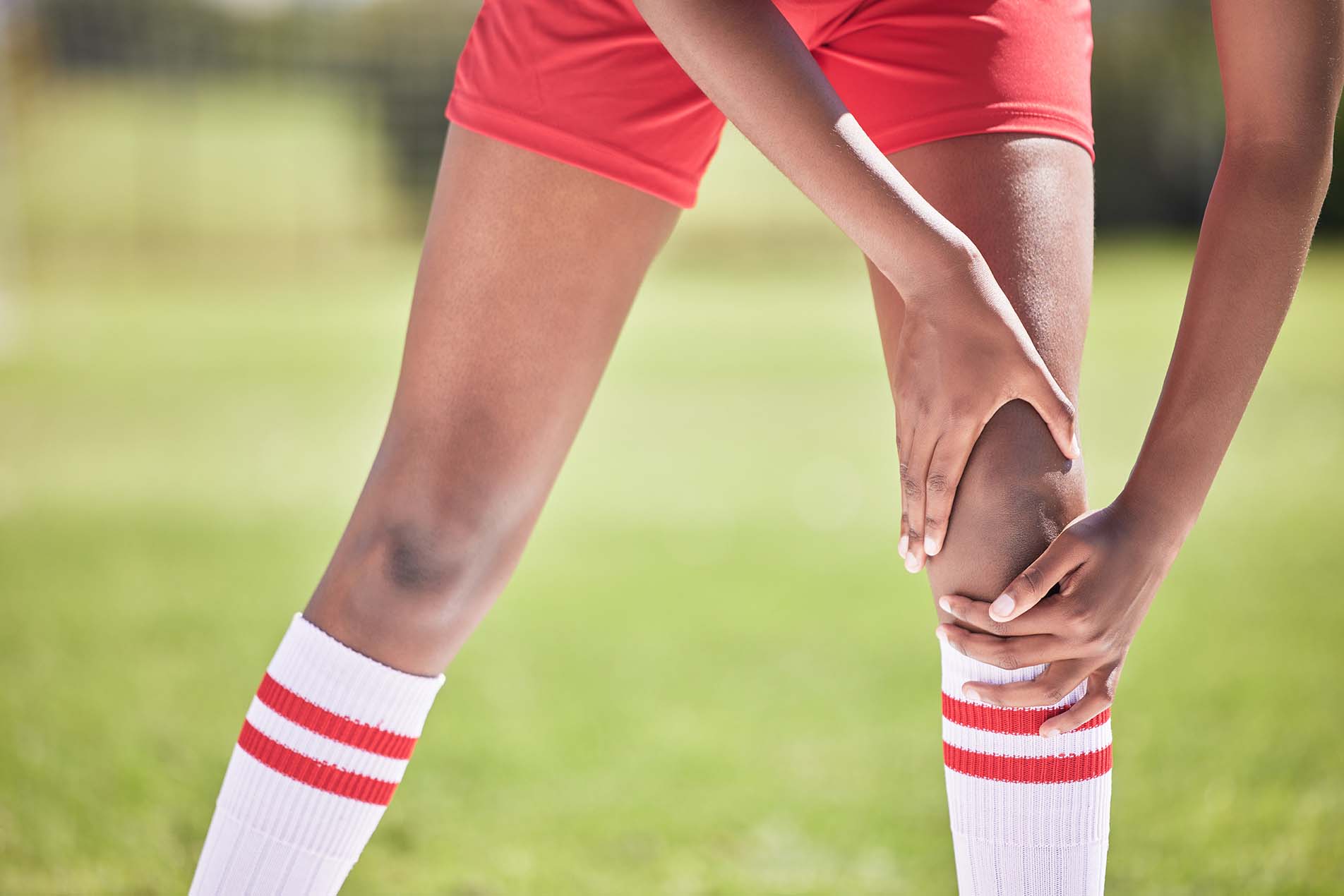 medical knee injury, football or sport player in pain with sore